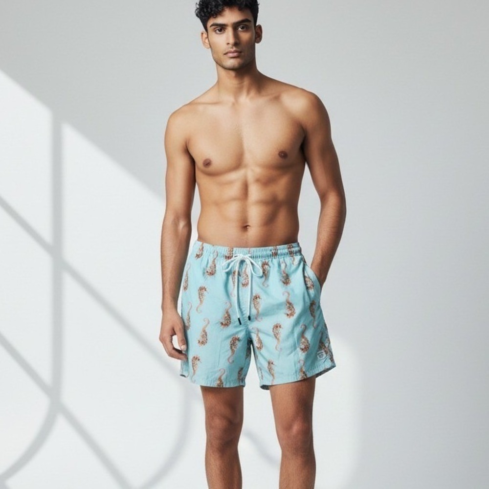 Spicy Tuna Mens Seahorse Print Swim Trunks‎ Light Blue XL Nautical Board Shorts
